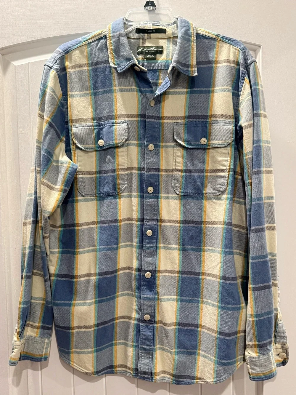 Eddie Bauer Blue and Cream Plaid Button-Down Shirt